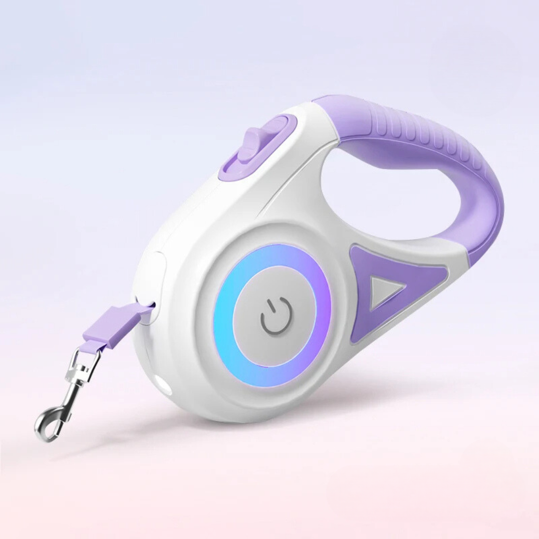 Retractable led dog leash in purple color with flashlight and rgb light ring for night walking safety (Color: Purple)