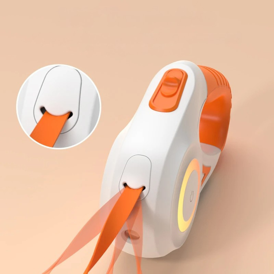 Retractable led dog leash with flashlight and rgb light ring for night walking safety depiction of tangle-free feature