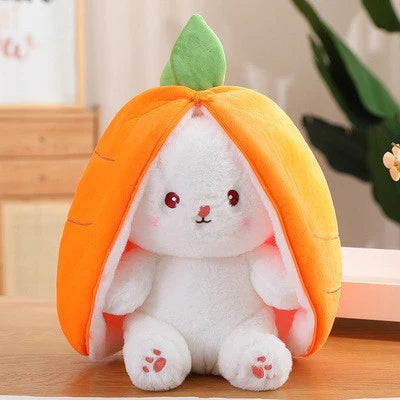 Reversible bunny plush toy that transforms into strawberry and carrot design soft stuffed animal depiction of carrot style in bunny state (Style: Carrot)