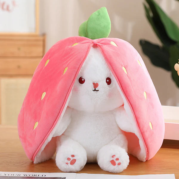 Reversible bunny plush toy that transforms into strawberry and carrot design soft stuffed animal depiction of strawberry style in bunny state (Style: Strawberry)