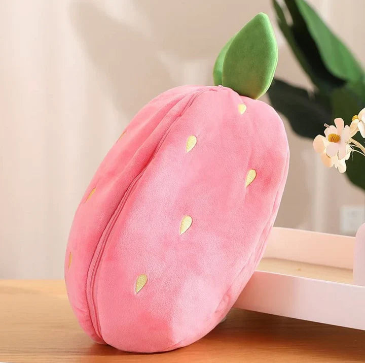 Reversible bunny plush toy that transforms into strawberry and carrot design soft stuffed animal depiction of strawberry style in strawberry state (Style: Strawberry)