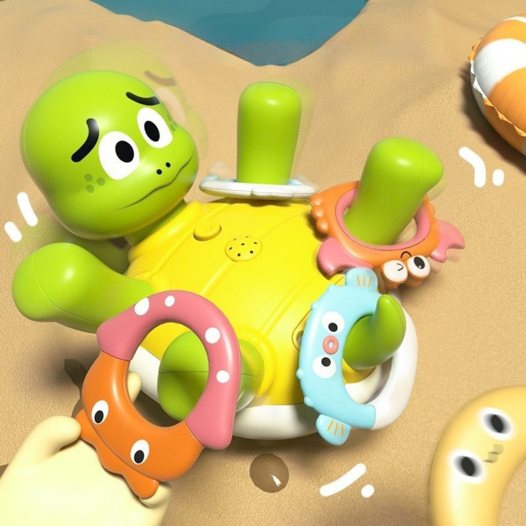 Rotating turtle water spray toy with spinning motion and splash feature for kids bathroom and outdoor play depiction of the toy on sand