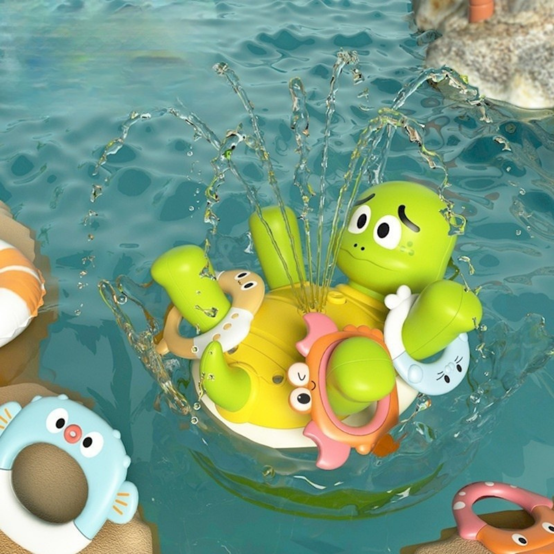 Rotating turtle water spray toy with spinning motion and splash feature for kids bathroom and outdoor play depiction of the toy splashing water on water alternate view