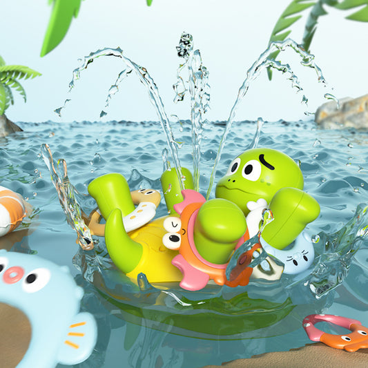Rotating turtle water spray toy with spinning motion and splash feature for kids bathroom and outdoor play depiction of the toy splashing water on water