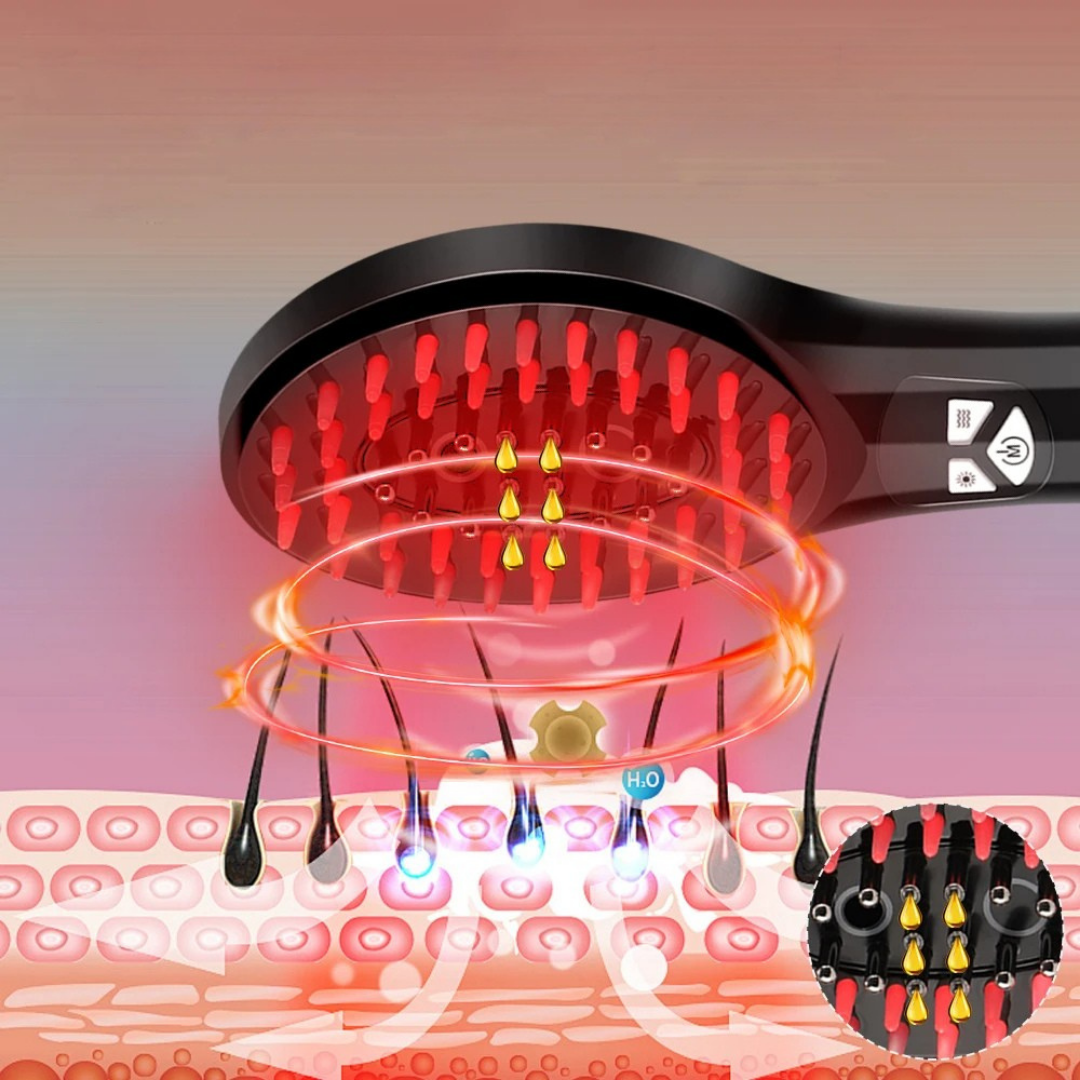 Scalp massage comb with spray mist for hydration and relaxing scalp care routine depiction of effect on hair