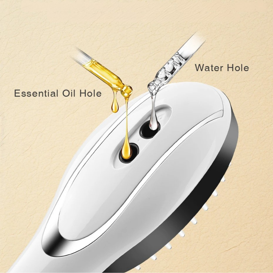 Scalp massage comb with spray mist for hydration and relaxing scalp care routine depiction of essential oil and water holes