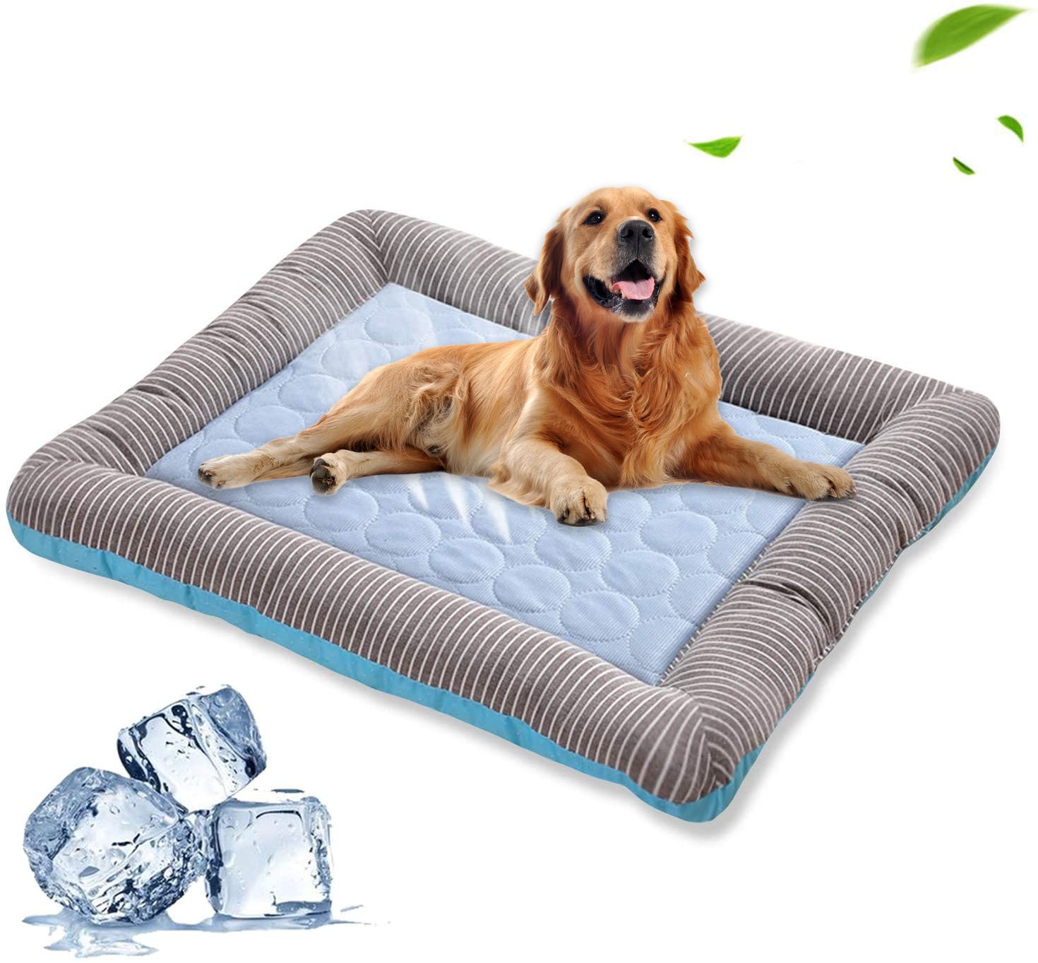 Dog lying down and looking around on a self-cooling soft and washable sleeping bed mat for pets, cats and dogs