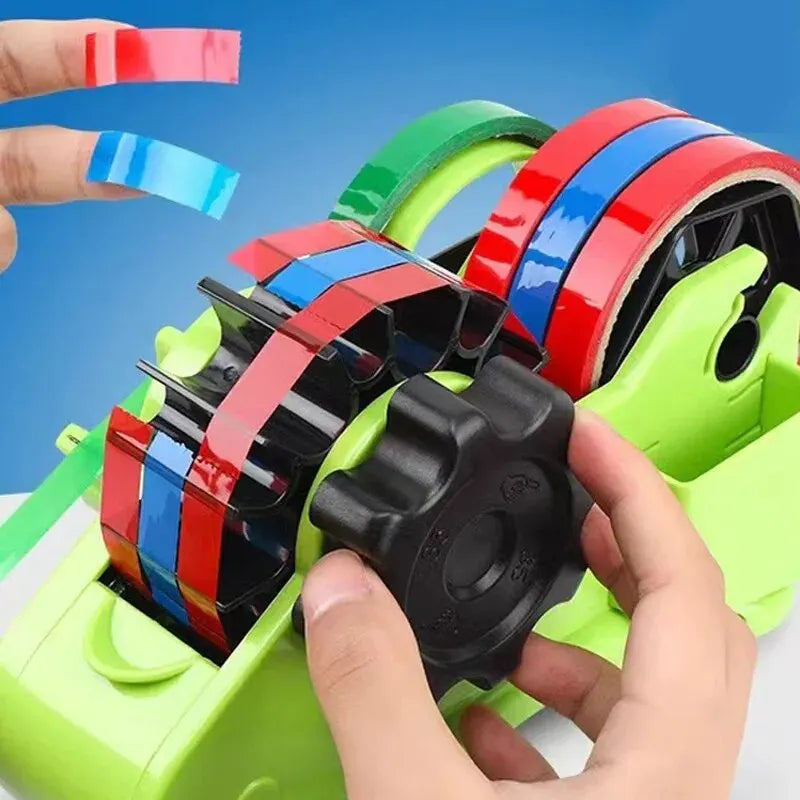 Semi automatic tape dispenser with rotary cutter for easy gift wrapping and packaging alternate depiction of use