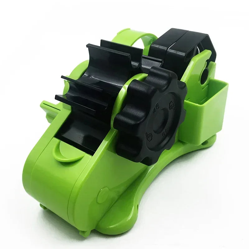 Semi automatic tape dispenser in green color with rotary cutter for easy gift wrapping and packaging depiction of use (Color: Green)