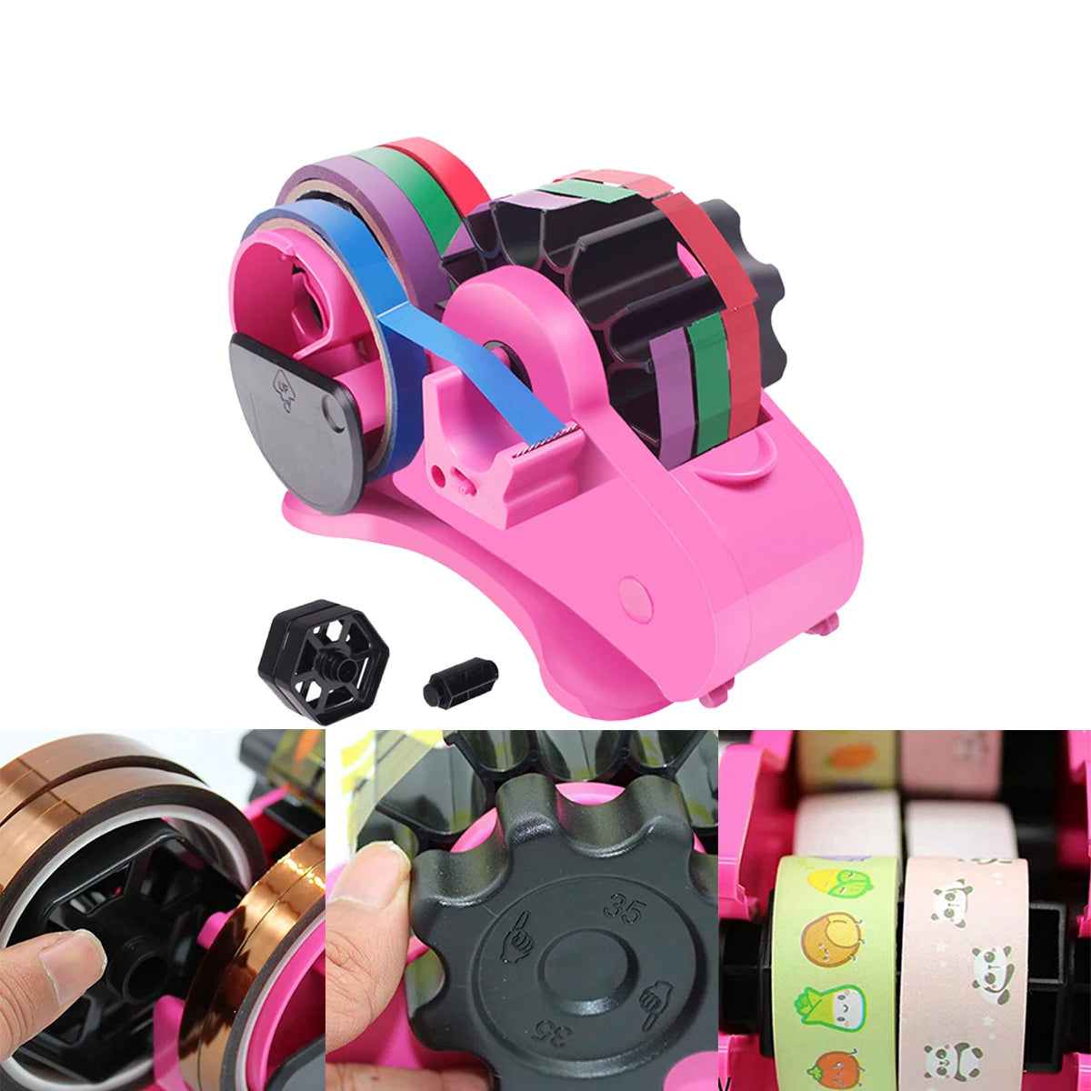 Semi automatic tape dispenser with rotary cutter for easy gift wrapping and packaging depiction of use