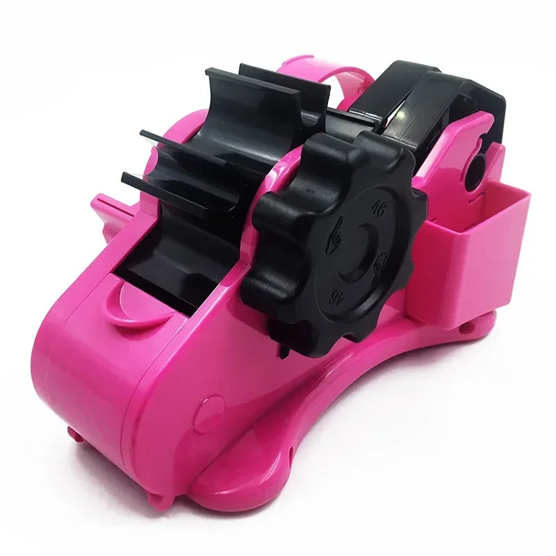 Semi automatic tape dispenser in pink color with rotary cutter for easy gift wrapping and packaging depiction of use (Color: Pink)