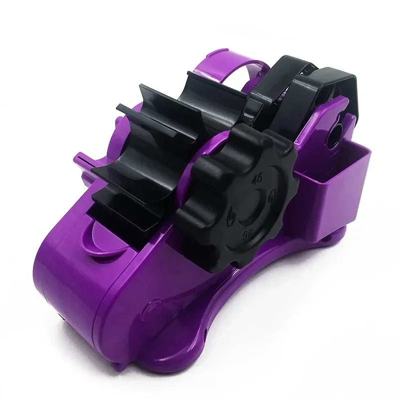 Semi automatic tape dispenser in purple color with rotary cutter for easy gift wrapping and packaging depiction of use (Color: Purple)