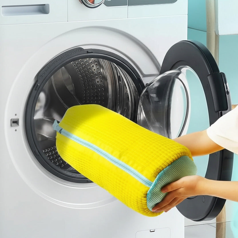 Shoe washing bag 2 pack for washing machine with microfiber interior for sneaker cleaning depiction of use in washing machine