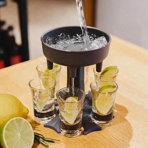 Shot glass dispenser for evenly pouring drinks into multiple glasses at parties and gatherings