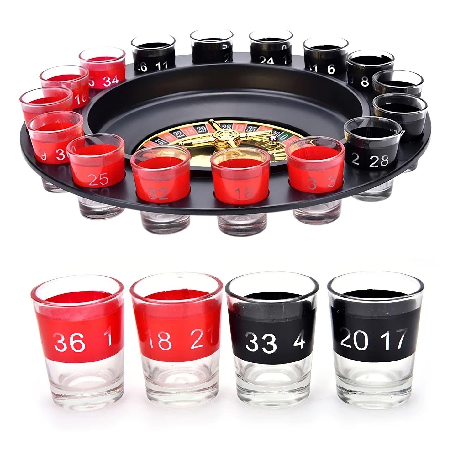 Shot glass roulette drinking game with spinning wheel and numbered glasses for parties alternate product shot