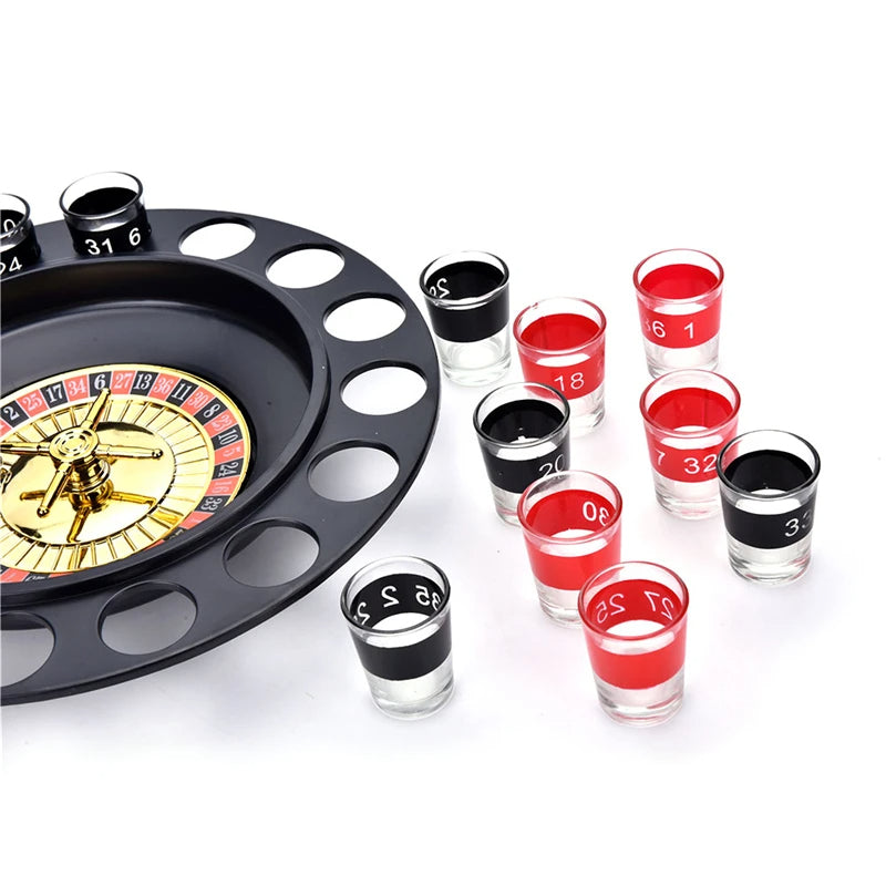 Shot glass roulette drinking game with spinning wheel and numbered glasses for parties close product shot