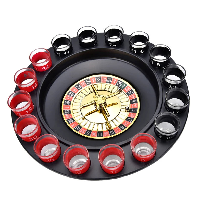 Shot glass roulette drinking game with spinning wheel and numbered glasses for parties product shot