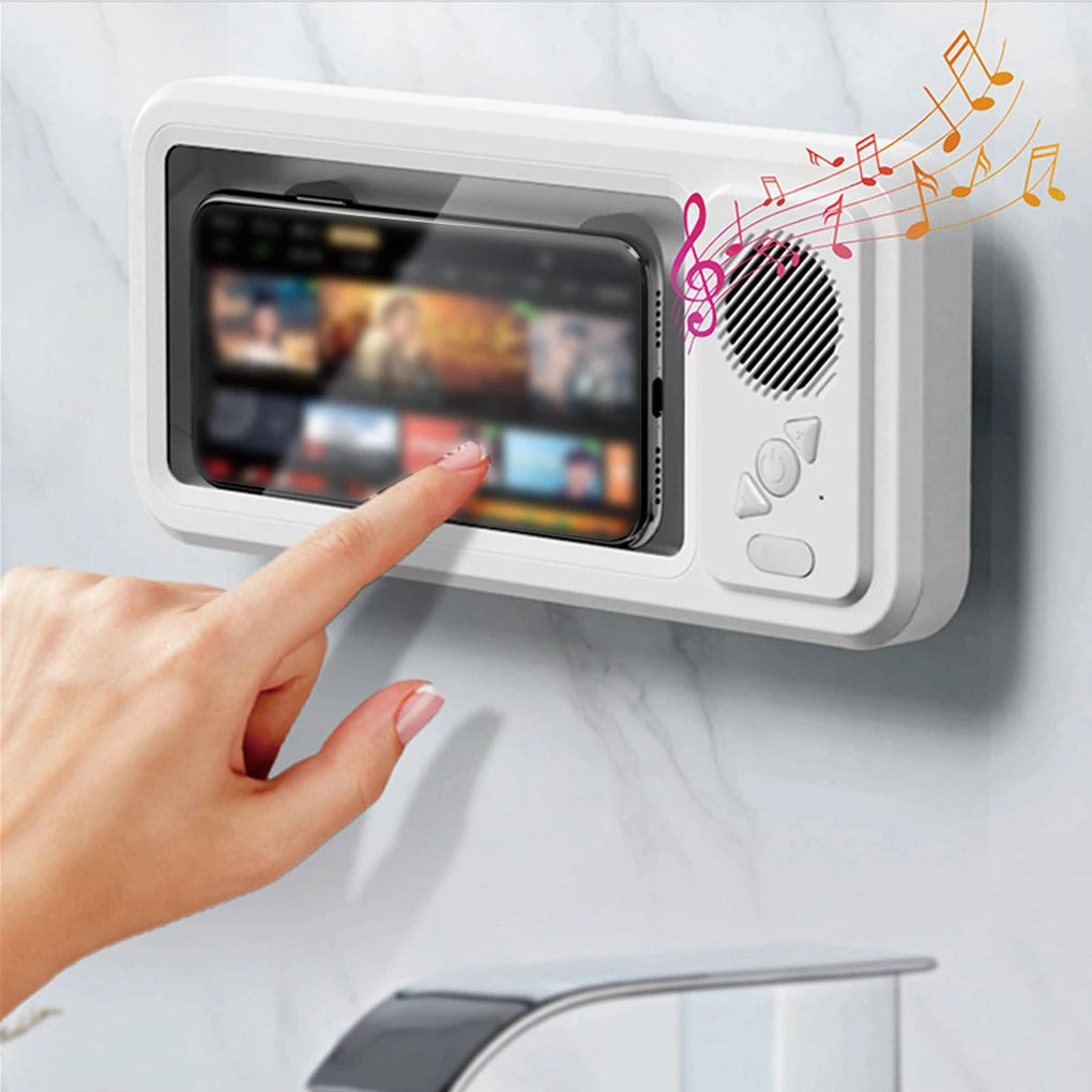 Waterproof shower phone holder with bluetooth speaker and rotating mount depiction of use in a shower