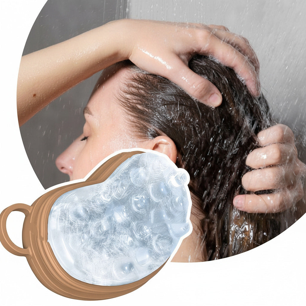 Silicone scalp massage brush with ice therapy feature for shampooing and scalp stimulation
