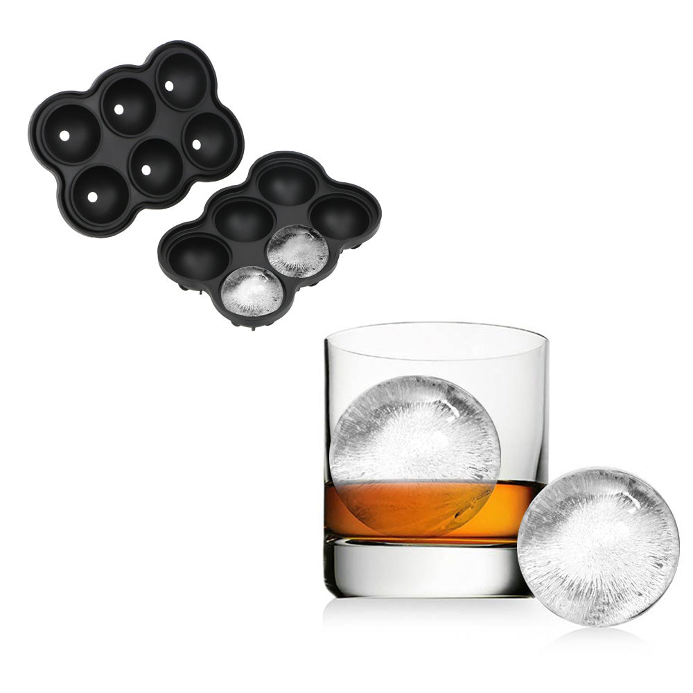 Six cell ice sphere ball tray with whiskey glass