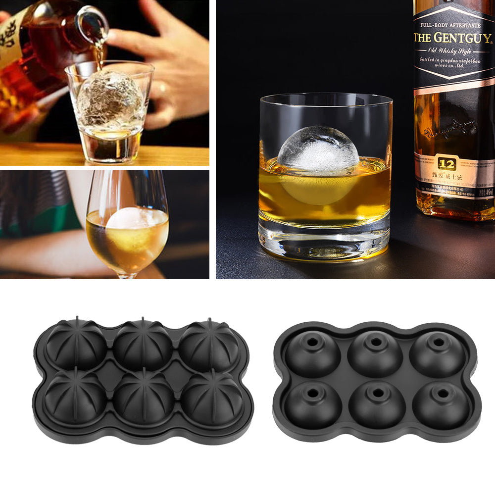 Six cell ice sphere ball tray with whiskey glasses depicting ice balls