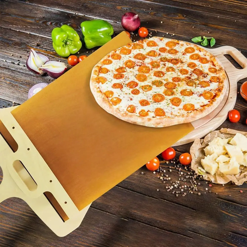 Sliding pizza dough transfer board for easily moving raw dough and flour-coated pizza bases to the oven alternate shot