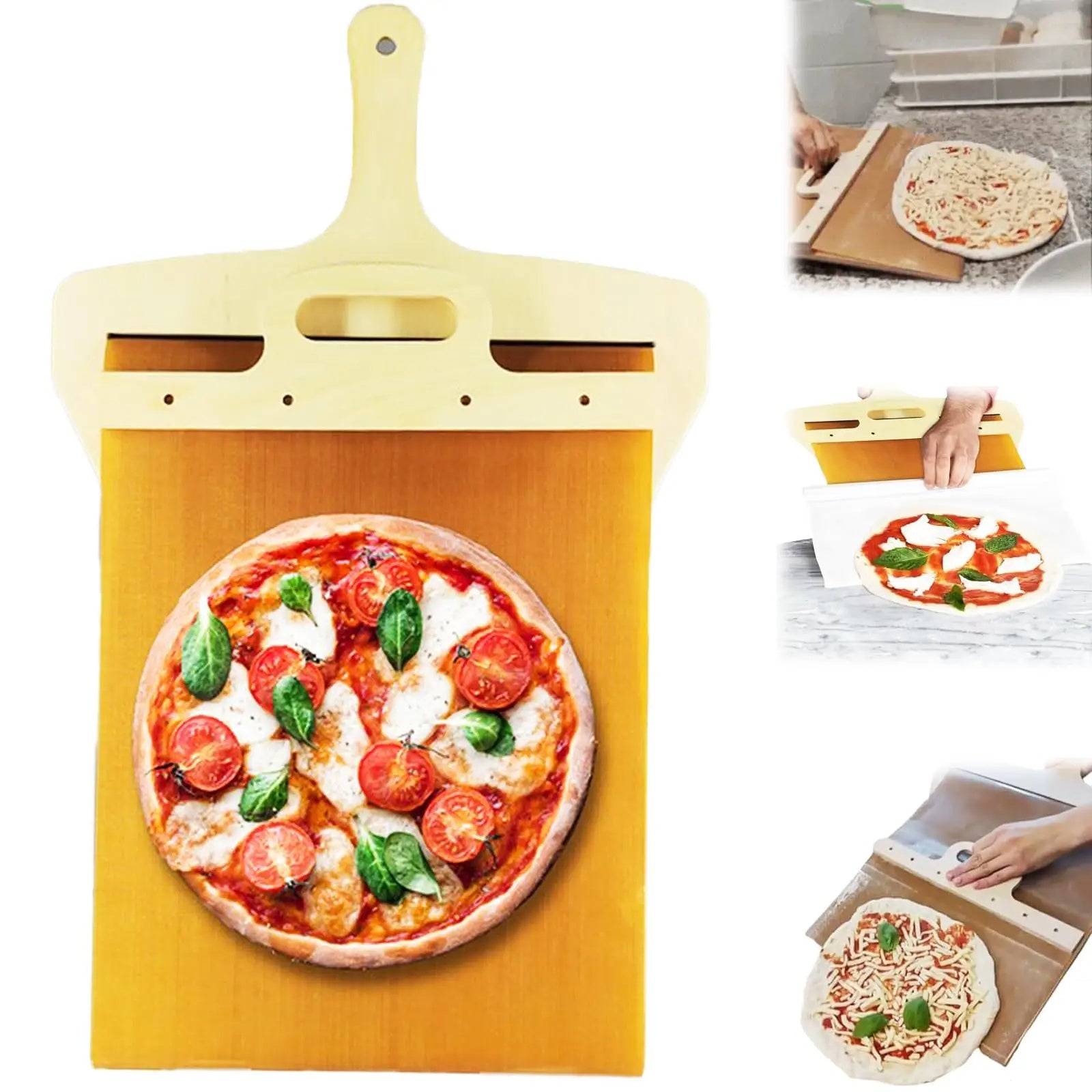 Sliding pizza dough transfer board for easily moving raw dough and flour-coated pizza bases to the oven main shot