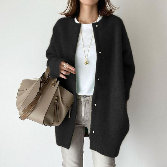 Slim fit knit cardigan in black color with button front and long sleeves model shot (Color: Black)