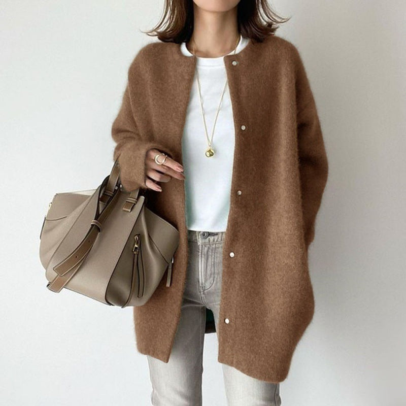 Slim fit knit cardigan in coffee color with button front and long sleeves model shot (Color: Coffee)