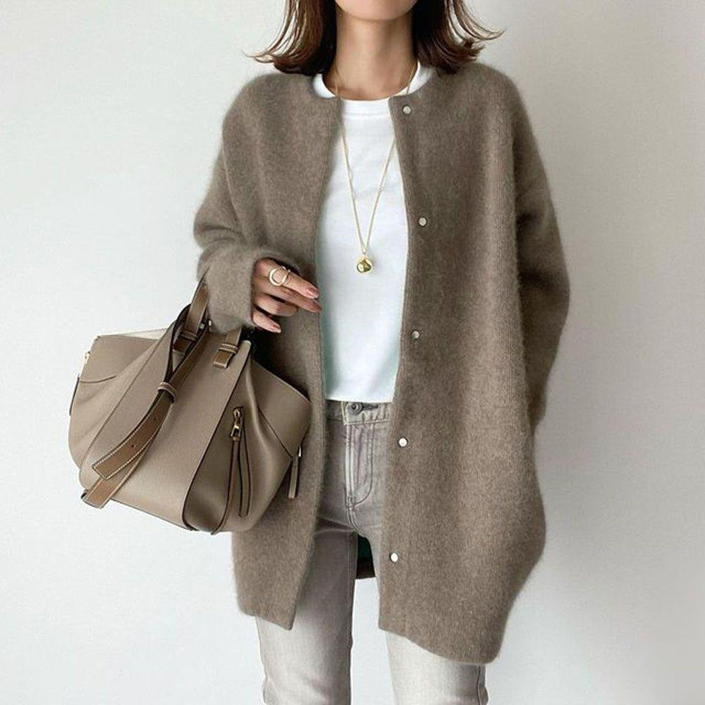 Slim fit knit cardigan in dark brown color with button front and long sleeves model shot (Color: Dark Brown)