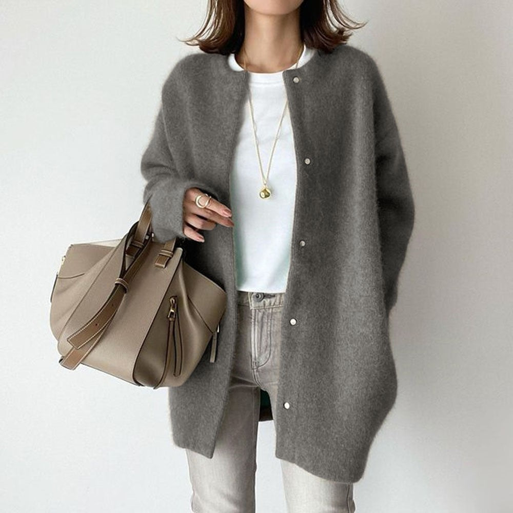 Slim fit knit cardigan in gray color with button front and long sleeves model shot (Color: Gray)