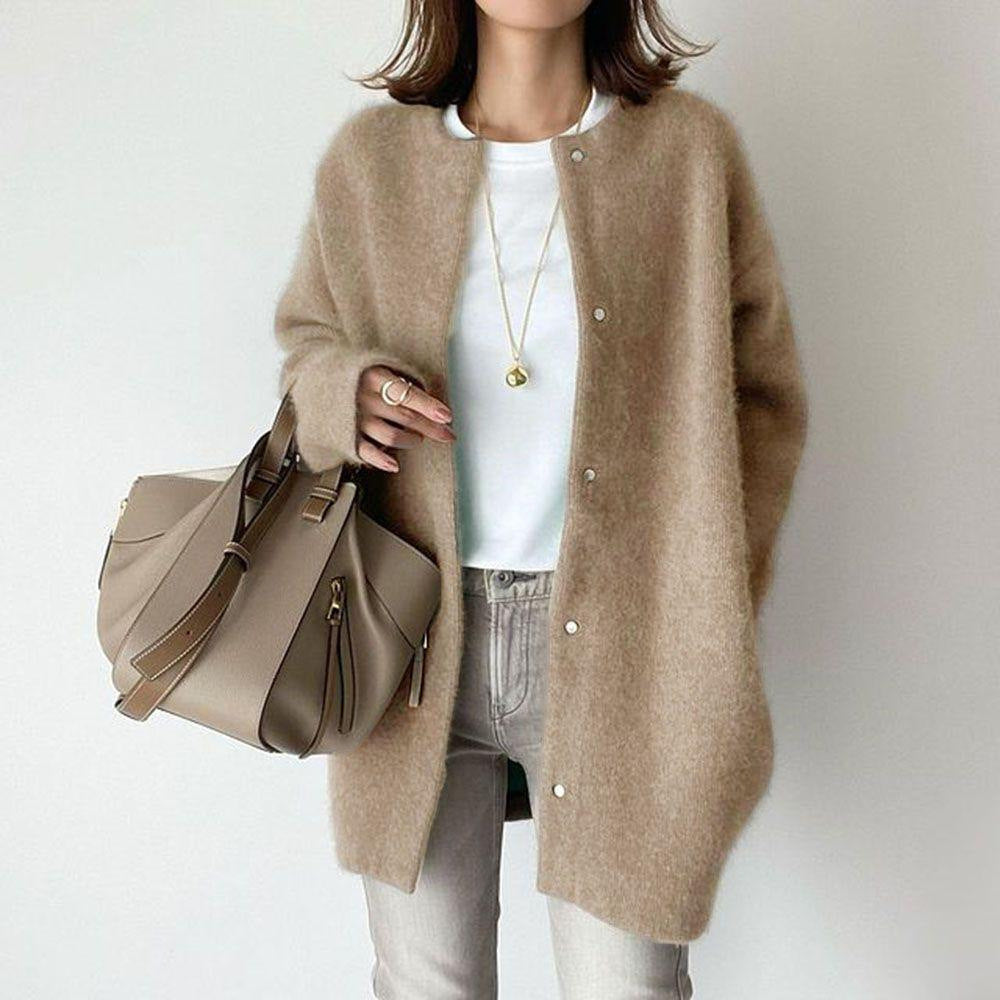 Slim fit knit cardigan in khaki color with button front and long sleeves model shot (Color: Khaki)