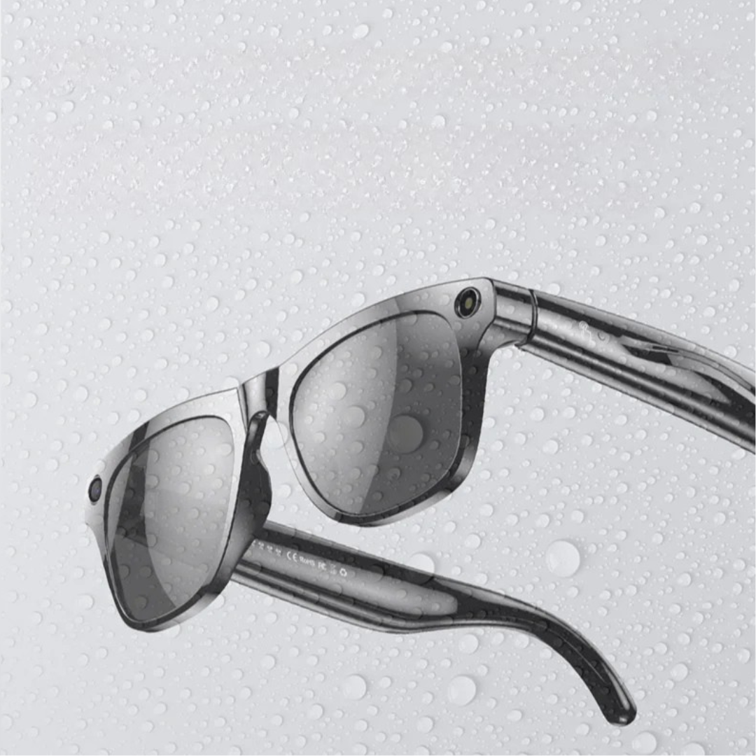 AI smart glasses with bluetooth calling translation camera voice assistant and hd display depiction of waterproof design