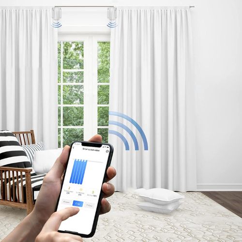 Smart curtain opener with automatic control light sensor and scheduling functionality for home automation depiction of mobile app control