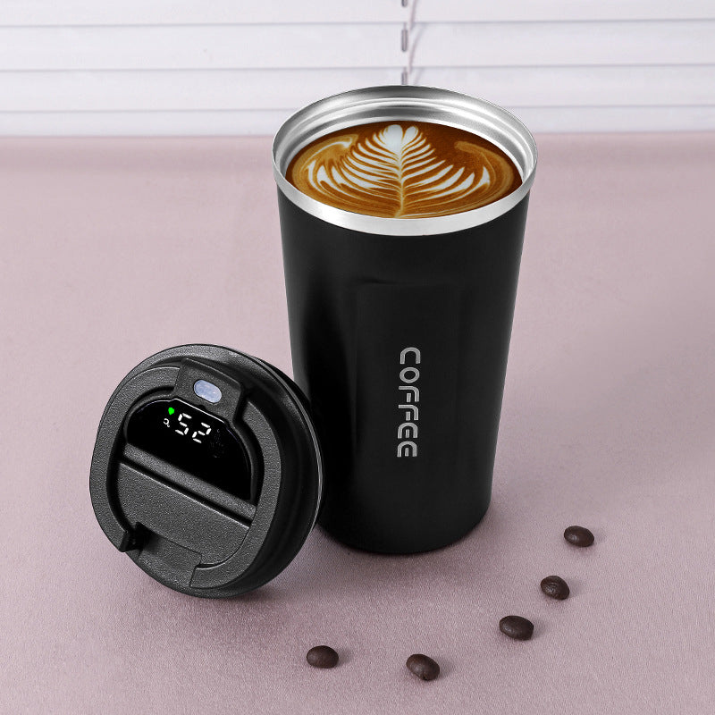 Smart temperature display thermos coffee cup in black color with led screen insulated for hot and cold drinks duo (Color: Black)