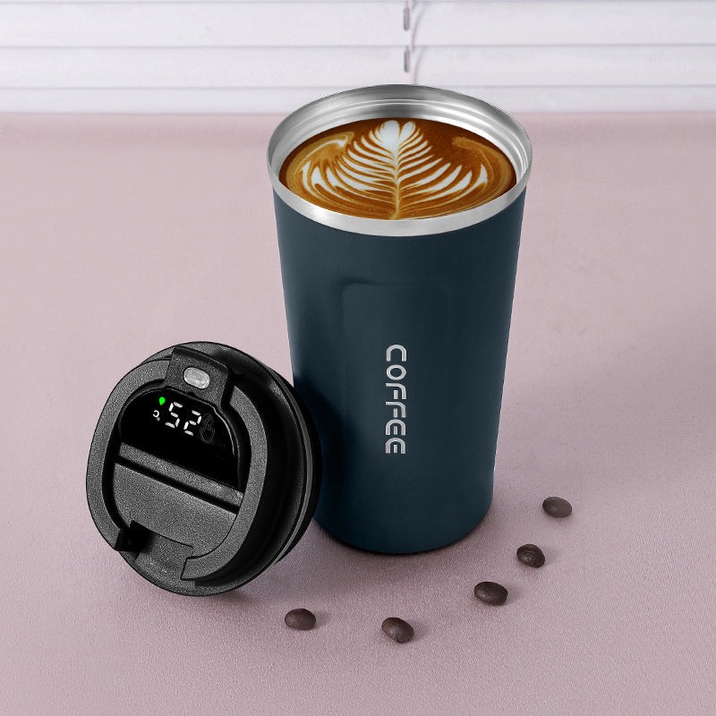 Smart temperature display thermos coffee cup in blue color with led screen insulated for hot and cold drinks duo (Color: Blue)