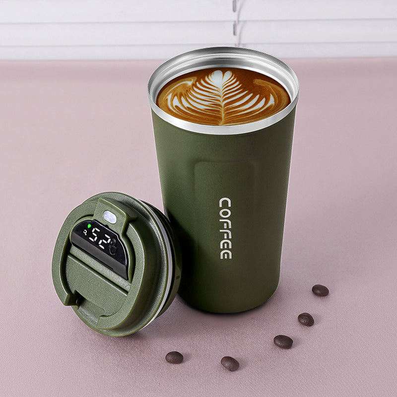 Smart temperature display thermos coffee cup in green color with led screen insulated for hot and cold drinks duo (Color: Green)