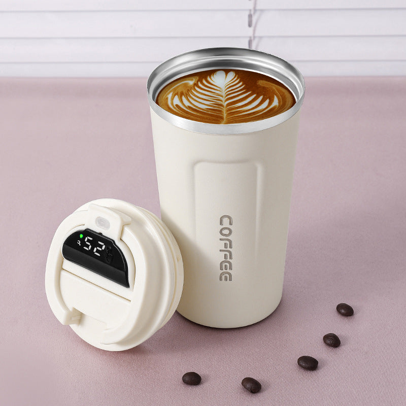 Smart temperature display thermos coffee cup in white color with led screen insulated for hot and cold drinks duo (Color: White)