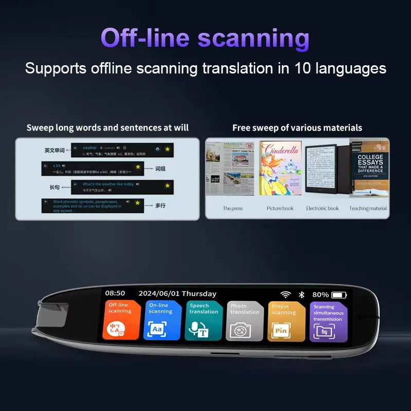 Smart translator pen in pink color supporting multiple languages with scan and voice translation features depiction of offline scanning