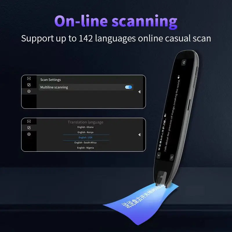 Smart translator pen in pink color supporting multiple languages with scan and voice translation features depiction of online scanning