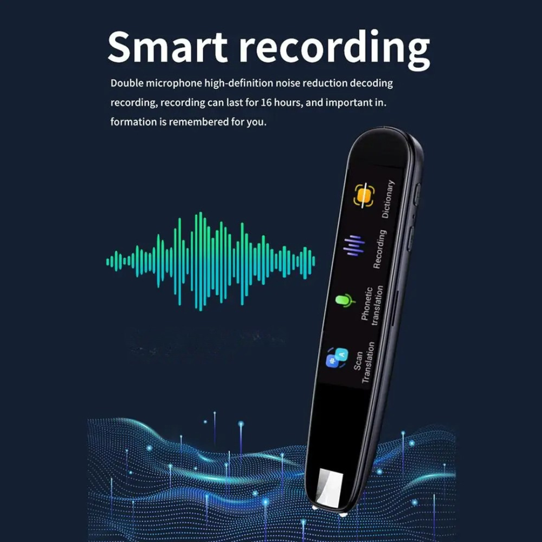 Smart translator pen in pink color supporting multiple languages with scan and voice translation features depiction of smart recording