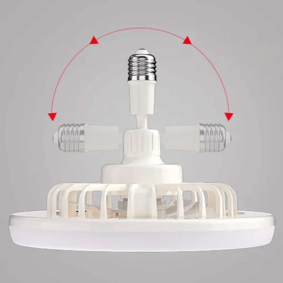 Socket fan light with remote control adjustable brightness and airflow for E26 socket depiction of 180 degrees rotation