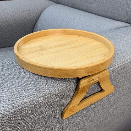 Bamboo sofa armrest tray with clip on foldable design for drinks snacks and couch convenience