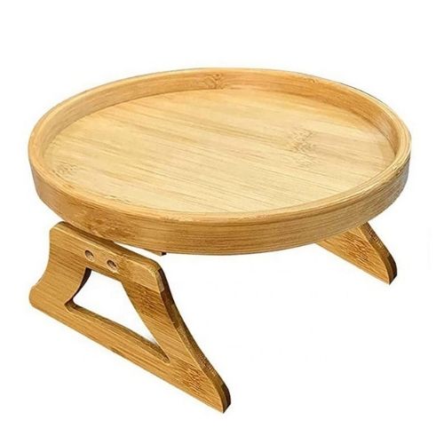 Bamboo sofa armrest tray with clip on foldable design for drinks snacks and couch convenience product shot