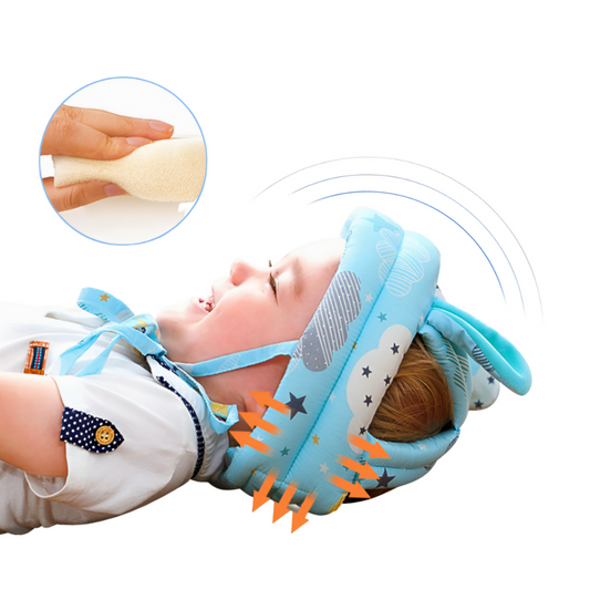Soft baby toddler safety helmet head protection for infants learning to walk depiction of anti-collision safety feature