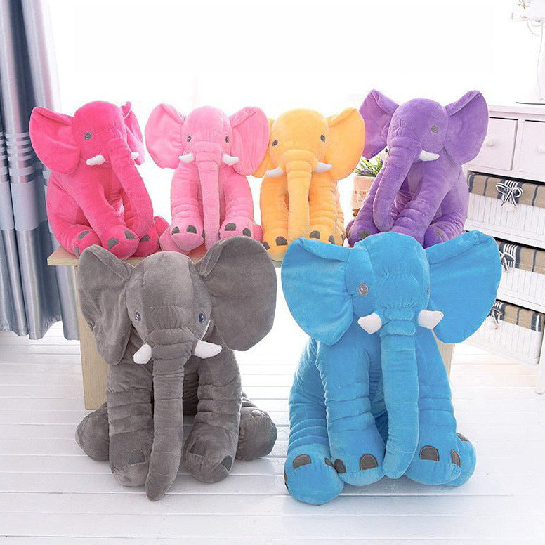 Soft elephant plush pillow designed for cuddling and gentle head support for babies and children depiction of all toys