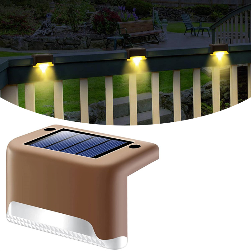 Solar led step lights outdoor lighting for stairs pathways and garden safety depiction of use on a railing