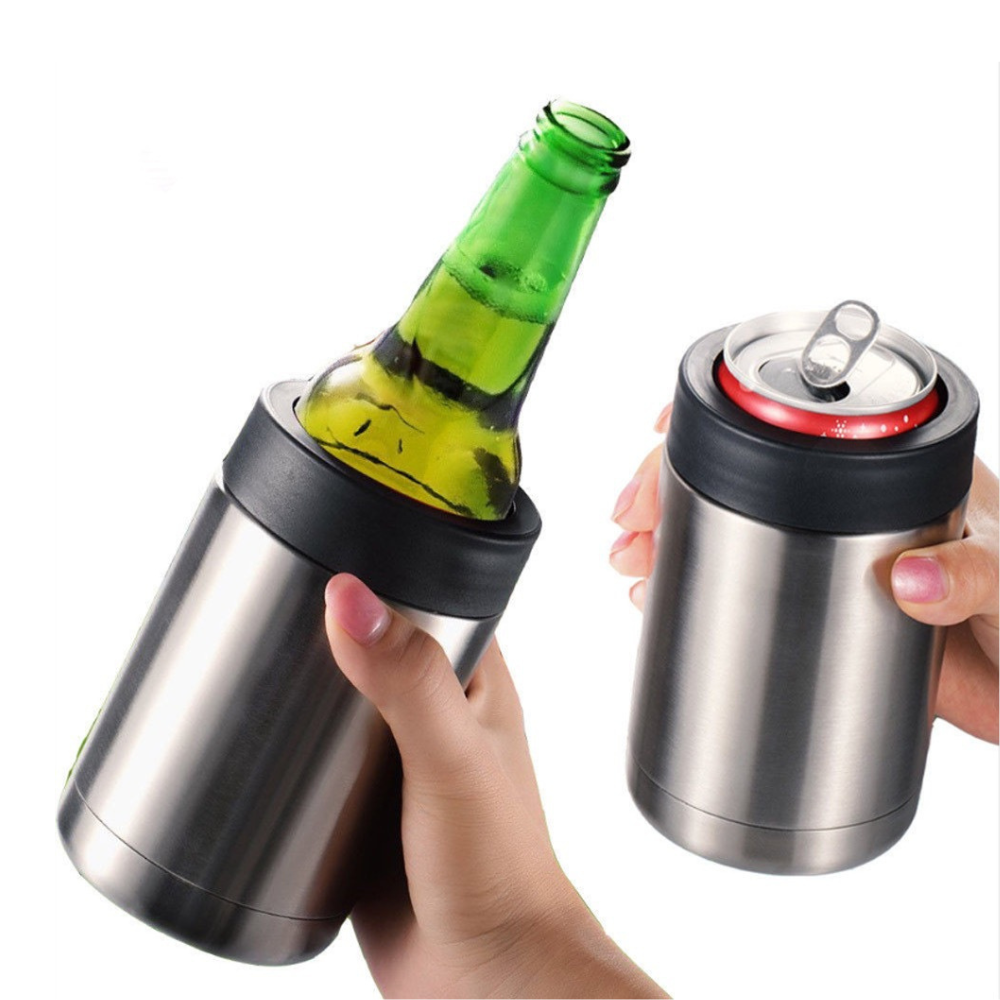 Stainless steel drink cooler and holder insulated can and cup holder for hot and cold beverages depiction of use