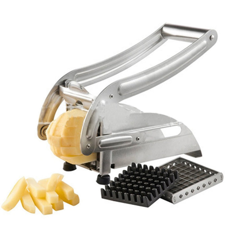 Stainless steel vegetable cutter with interchangeable blades for slicing and mashing potatoes, carrots, and other vegetables depiction of potato slicing