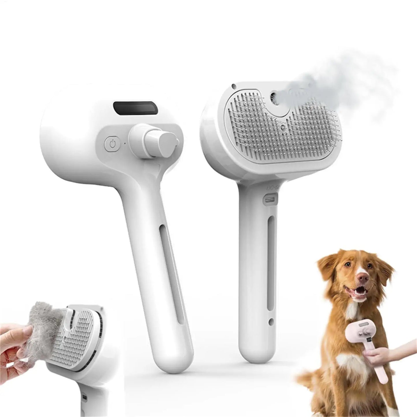 Steam grooming comb for pets with mist spray self cleaning deshedding brush depiction of easy hair removal